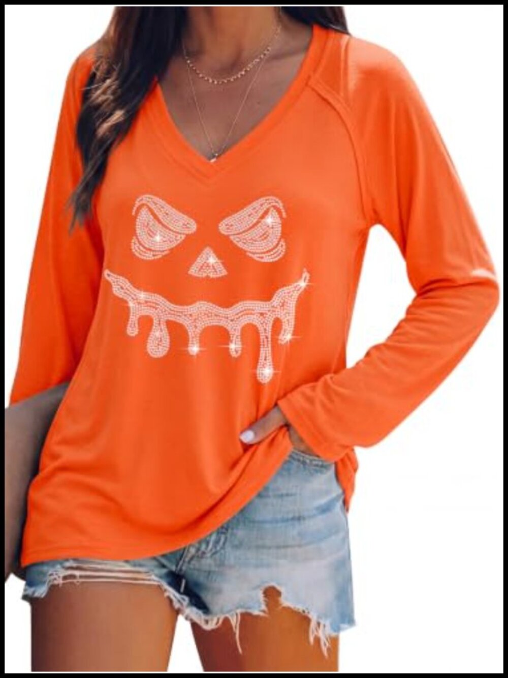 Women V-Neck Rhinestone Jack O'Lantern Halloween Long Sleeve T-Shirt